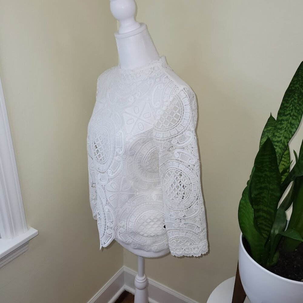 Anthropologie James Coviello Medallion Lace Front  Mock Neck Ivory Blouse SZ SP - Picture 3 of 12